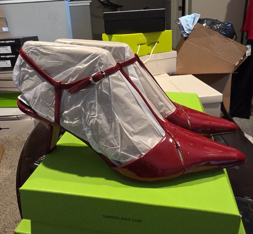 Sam Edelman Red Patent Leather T-Strap Pointed Flats - Picture 7 of 12